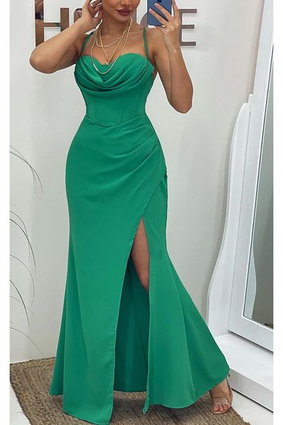 FASHION COCKTAIL Long Evening Dress with Back Corset Deep Left Slit Degage Satin Straps