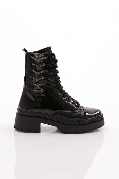 DGN Black Patent Leather Lace up Women's Boots - Wrinkled 211011321027