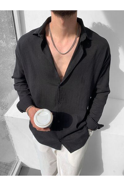 NO1 KONSEPT Cămașă oversize din in - Design negru Crinkle