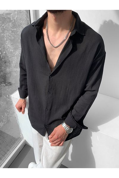 NO1 KONSEPT Cămașă oversize din in - Design negru Crinkle