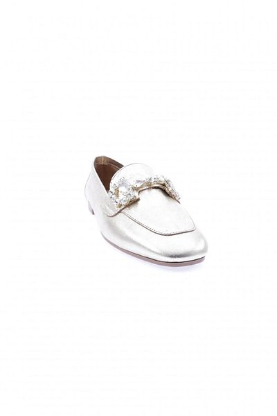 DGN Women's Crystal Stone Buckle Shoes - Gold Lurex, Genuine Leather