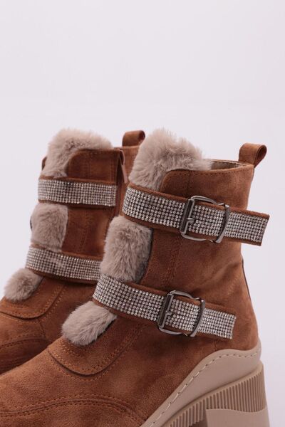 DGN Női szőrme részletes cipzáras vastag talpú ezüst kő csizma barna velúr 331222682