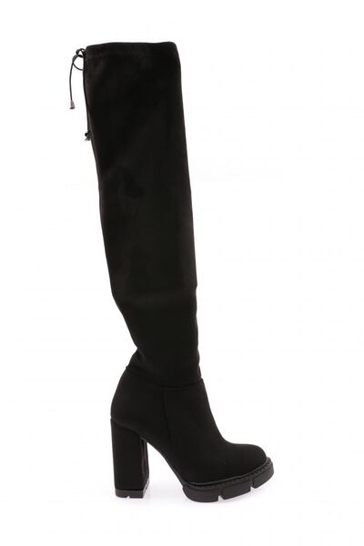 DGN Lita Black Heeled Knee High Boots - Stretch Detailed 8113242