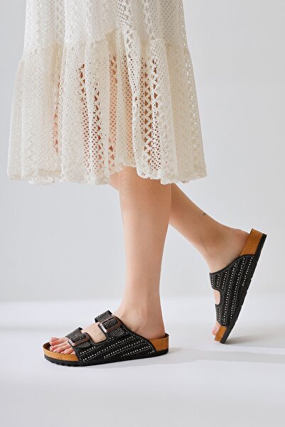 Limoya Γυναικείες παντόφλες Aire Beige με διπλό λουράκι με πέτρινη λεπτομέρεια