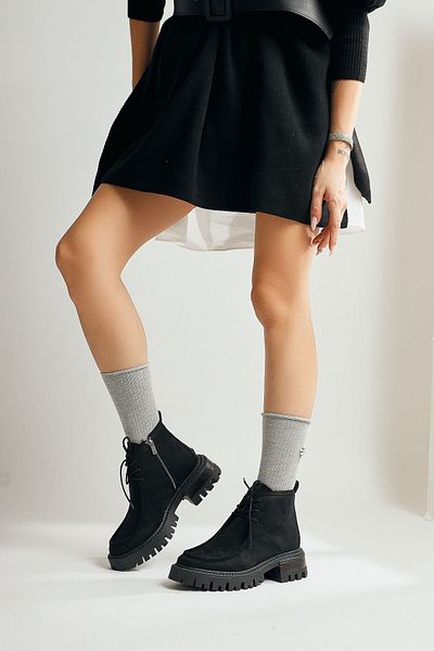 Limoya Etidal Μαύρες Suede Χοντρή Σόλα Lace Up Γυναικείες Μπότες, Γυναικεία Μποτάκια