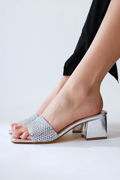 Limoya Lemonie Silver Knitted Banded Short Heeled Women's Slippers