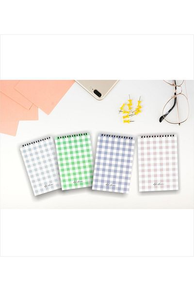 AKILLICA 13x20 cm Checked Spiral Notebook Set - 4 Pieces, 48 Sheets Cardboard Cover, Checkered New Series