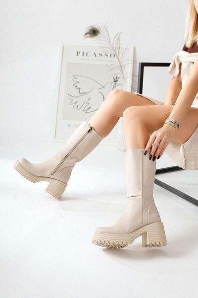 Limoya Roseann Beige Μακριές Γυναικείες Μπότες με Πλατφόρμα Χοντρή Σόλα, Γυναικεία Μποτάκια
