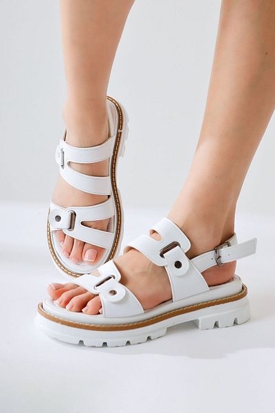 Limoya Aima White Rivet Buckle Detailed Stitched Women's Sandals