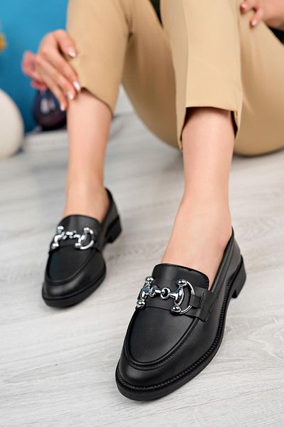 Aymood Pantofi mocasin cu toc clasic de zi cu zi, cu cataramă cu lanț din piele neagră, cu talpă groasă