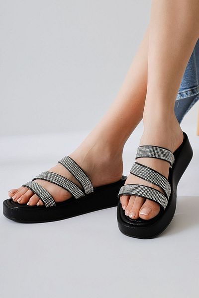 Limoya Γυναικείες παντόφλες Vinita Black Three Stripes Stone