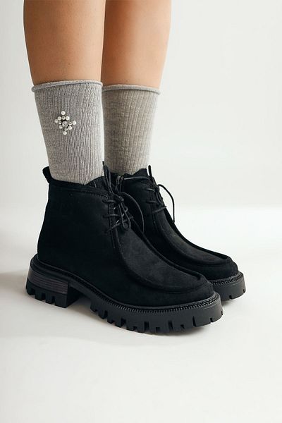 Limoya Etidal Μαύρες Suede Χοντρή Σόλα Lace Up Γυναικείες Μπότες, Γυναικεία Μποτάκια