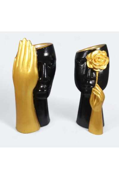 rakaymu Iskandinav Soyut 2 Li Insan Yüz Dekoratif Siyah Vazo Heykel Biblo 13 Cm