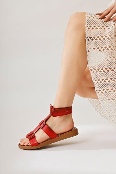 Limoya Genuine Leather Rayen Red Three-Stripe Rivet Detailed Belt Women's Sandals Opportunity Product