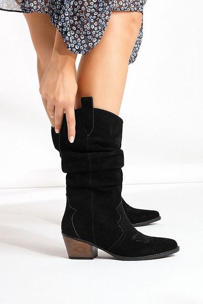 Limoya Lise-britt Μαύρες Suede Gusseted Embroidered Western Γυναικείες Μπότες, Γυναικείο Μποτάκι