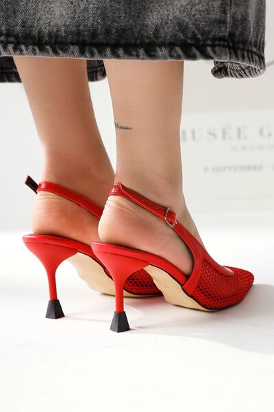 Limoya Giovana Kırmızı Sivri Burunlu Fileli Topuklu Kadın Sandalet