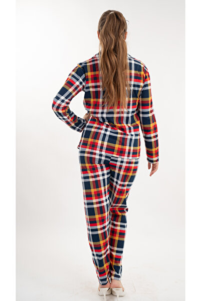 fehanden Kadın ,gömlek yaka dokuma pamuk ekose kırmızı lacivert çizgili Pijama takım