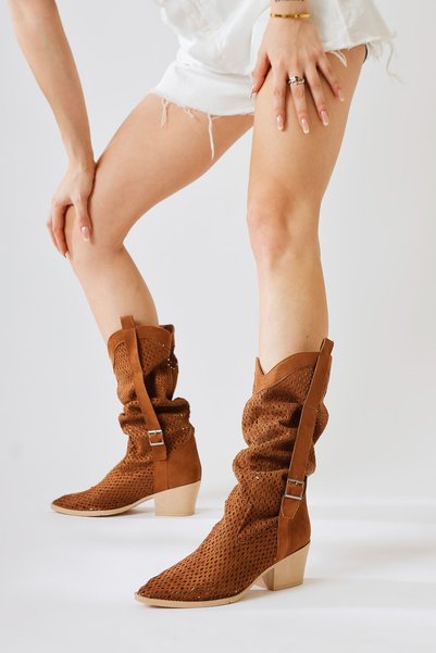 Limoya Orietta Tan Suede Laser Cut Bellows Summer Women's Boots Opportunity Product