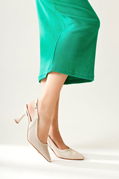Limoya Meira Beige Laser Perforated Pointed Toe Heeled Women's Shoes