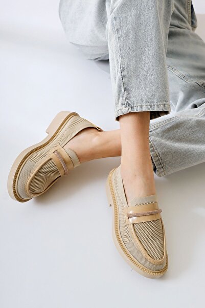 Limoya Micka Beige Knitted Patent Leather Detailed Stone Banded Women's Casual Shoes