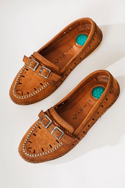 Limoya Vidya Tan Suede Laser Cut Double Buckle Ballerinas - Women's Heel Support Shoes
