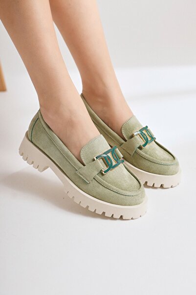 Limoya Ann-Sophi Green Suede Buckle Detailed Women's Oxford Shoes