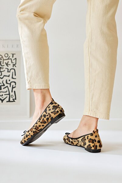 Limoya Sille Leopard Patterned Feather Bow Detailed Ballerinas
