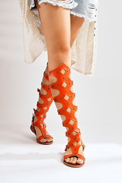 Limoya Haixia Hakiki Deri Oranj Gladyatör Kadın Sandalet Fırsat Ürünü