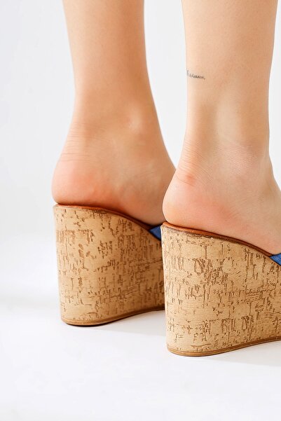 Limoya Papuci de damă cu talpă groasă din plută, albastru bleumarin, produs de oportunitate