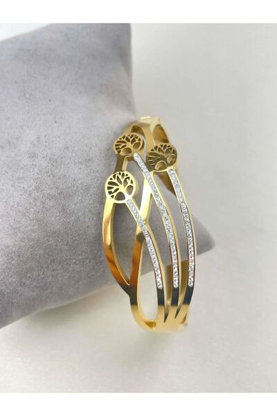 TAQI’M JEWELRY GOLD ZİRKON TAŞLI HAYAT AĞACI DETAYLI ÇELİK KELEPÇE BİLEKLİK