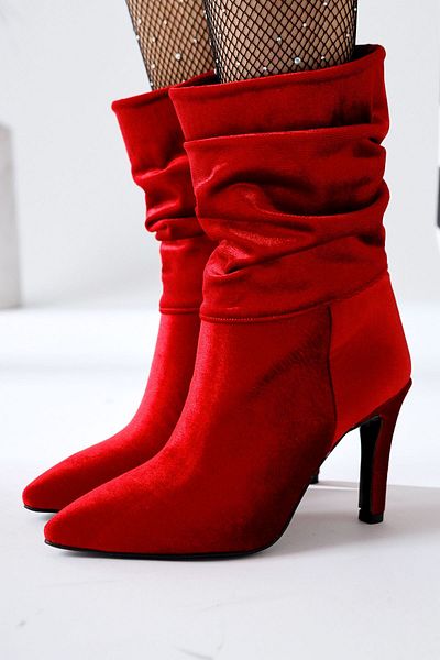 Limoya Wilma Red Velvet Bellows Γυναικείες μπότες με λεπτό τακούνι, γυναικείο μποτάκι