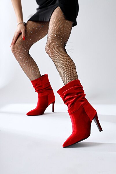 Limoya Wilma Kırmızı Kadife Körüklü Ince Topuklu Kadın Bot, Kadın Bootie Fırsat Ürünü