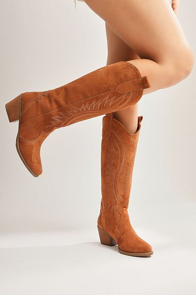 Limoya Γυναικείες μπότες Cowboy Hero Tan Suede Κεντημένες