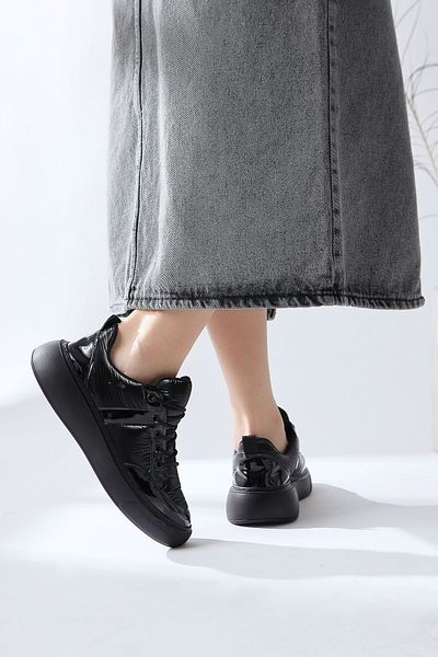 Limoya Jakleen Black Patent Leather Detailed Parachute Women's Sneakers, Women's Sneakers