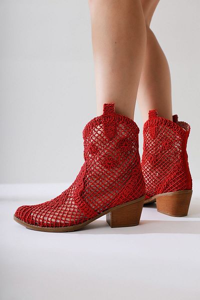 Limoya Red Lace Floral Detailed Tersa Cowboy Boots - Kisa Konç