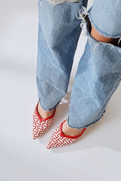 Limoya Lottis Kırmızı Geometrik Desenli Siviri Burunlu Topuklu Kadın Ayakkabı