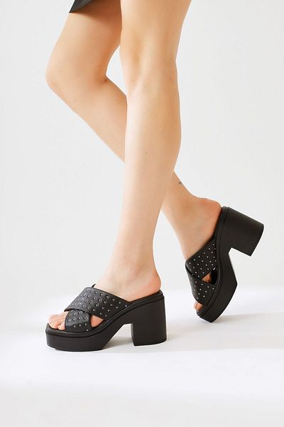 Limoya Zion Black Thick Cross Strap Women's Platform Slippers with Staple Detail