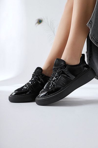 Limoya Jakleen Black Patent Leather Detailed Parachute Women's Sneakers, Women's Sneakers