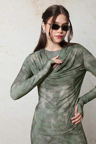 ZÜLAYS Batik Desen Tül Elbise Yeşil