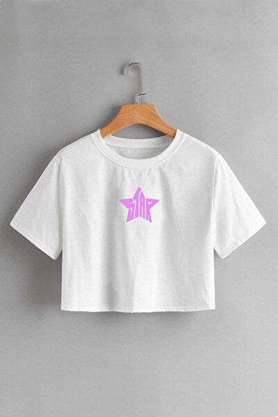 FECCY Tricou crop alb cu imprimeu Star pentru femei