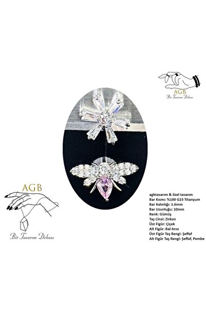 agbtasarım ÇİÇEĞE GİDEN BAL ARISI FİGÜRLÜ PEMBE TAŞI AKSESUARLI GÖBEK PİERCİNG (%100 G23 TİTANYUM GÖVDELİ)