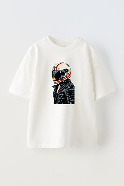 NMG TEKSTİL Λευκό Oversize Βαμβακερό Δερμάτινο Παλτό - Μπλουζάκι με στάμπα Biker