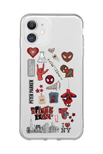 SUPER FRAME Iphone 11 Uyumlu Spiderman Sticker Tasarımlı Şeffaf Telefon Kılıfı