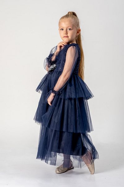DFN Bead Embroidered Long Sleeve Tulle Layered Evening Dress