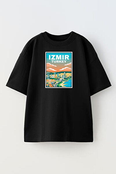NMG TEKSTİL Tricou unisex negru oversize din bumbac cu afiș imprimat Izmir City
