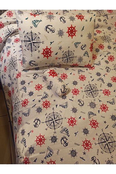 ŞENER HOME Young Sailor Sail Patterned Bed Sheet with Elastic Single Pique Set - White