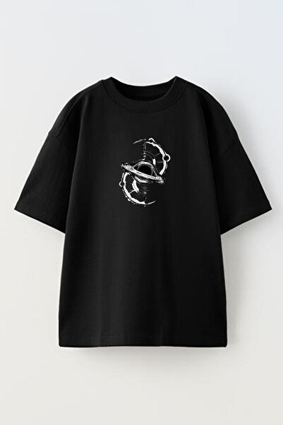 NMG TEKSTİL Spaceship Time Printed - Unisex Black Oversize Cotton T-shirt