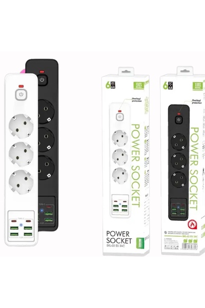 Dynego Priz 3000w Beyaz Siyah Güç Prizi Adaptörü Uzatma Kablosu Çoklu Fiş Usb...