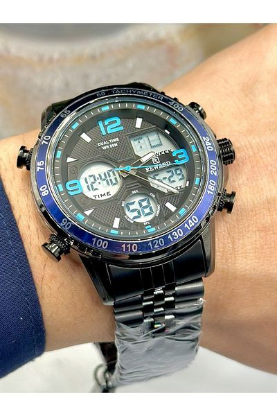 Reward Men's Wristwatch - With Digital Display, Calendar and Steel Band