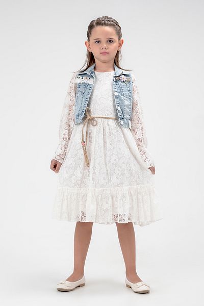 TRENDYOLKIDS Sada dívčích šatů Ecru – krajkový detail, pásek a dlouhý rukáv TKDSS24EL00013